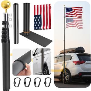 20FT Tailgate Flag Pole with Tire Mount, Fits RV Pickup SUV Sedan, Portable RV Flag Pole with 20" High-Density Foam Protective Tube, Thickened Aluminum Flag Pole with an Flag, 60 MPH, Dual Flag Mount