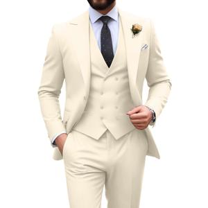 Men's Suit Slim Fit 3 Piece Tuxedo Formal Wedding Casual Groom Suits Double Breasted Suit Men Business Blazer Vest Pants Set Cream XX-Large