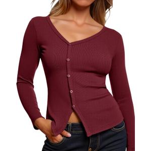Yousify Long Sleeve Shirts for Women 2025 Fall V Neck Button Up Long Sleeve Ribbed Knit Slim Fit Going Out Tops (Large, Burgundy)