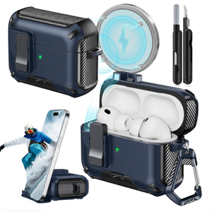 for AirPods Pro 3 Case (2025) with Phone Stand,with Automatic Snap Switch Carbon Fiber Design Protection Cover with Cleaning Pen,Balck (Blue)