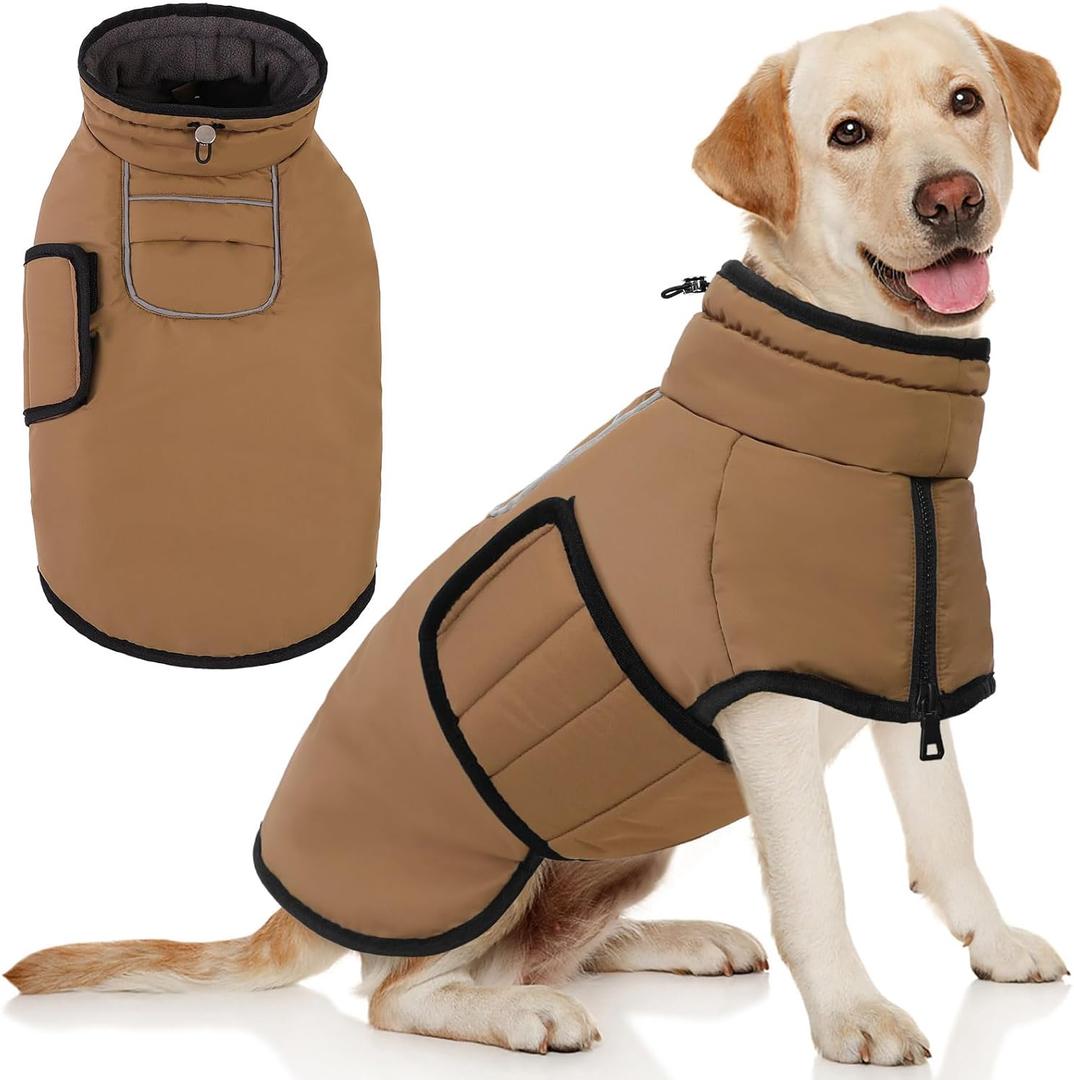 AOFITEE Dog Coat, Waterproof Dog Jacket, Dog Winter Coat with Harness Hole & High Collar, Warm Fleece Dog Snow Jacket for Cold Weather, Reflective Dog Snowsuit for Large Dogs, Great Dane, XXXL (Brown)