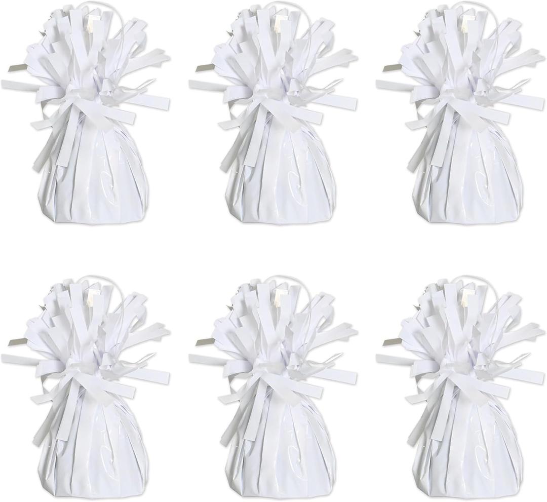 Beistle White Metallic Plastic Wrapped Balloon Weights For Birthday Parties, Weddings, Anniversaries, Table Décor, Celebrating With You Since 1900, 5.5" x 2.5", 6 Piece