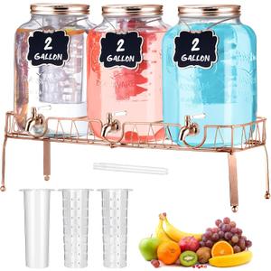 Lallisa 3 Pcs 2 Gallon Glass Drink Dispenser with Stand and Lid Mason Jar Beverage Dispenser with Stainless Steel Spigot, Hanging Chalkboard Signs, Fruit Infuse, Ice Cylinder, Liquid Pen (Rose Gold)