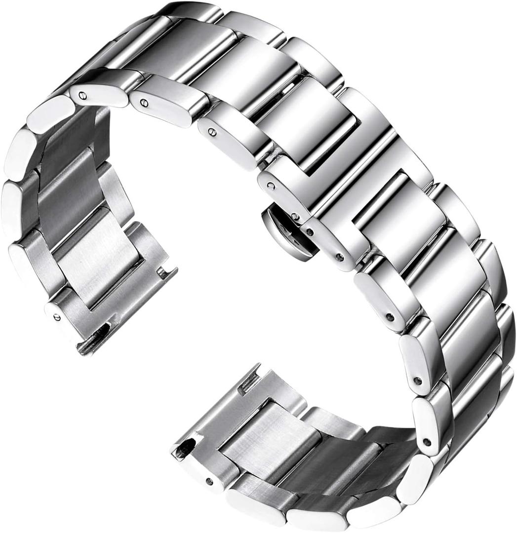 BINLUN Thick Stainless Steel Watch Band Metal Heavy Polished Matte Brushed Finish Watch Strap Replacement for Men Women 16mm/18mm/20mm/21mm/22mm/23mm/24mm/26mm(Polished Silver,20mm)