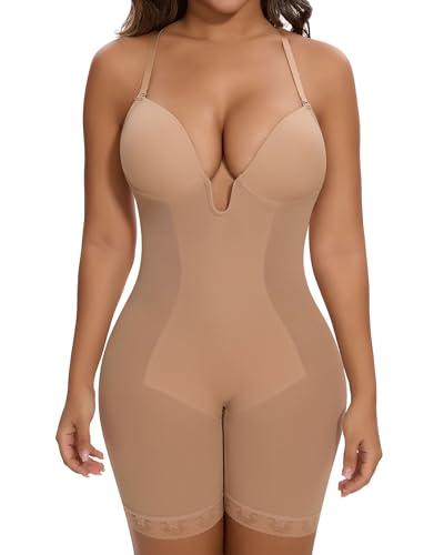 SHAPERIN Women's Backless Shapewear Tummy Control Body Shaper Bra Faja U Plunge Low Back Mid Thigh Shapewear Bodysuit (XL, Nude)