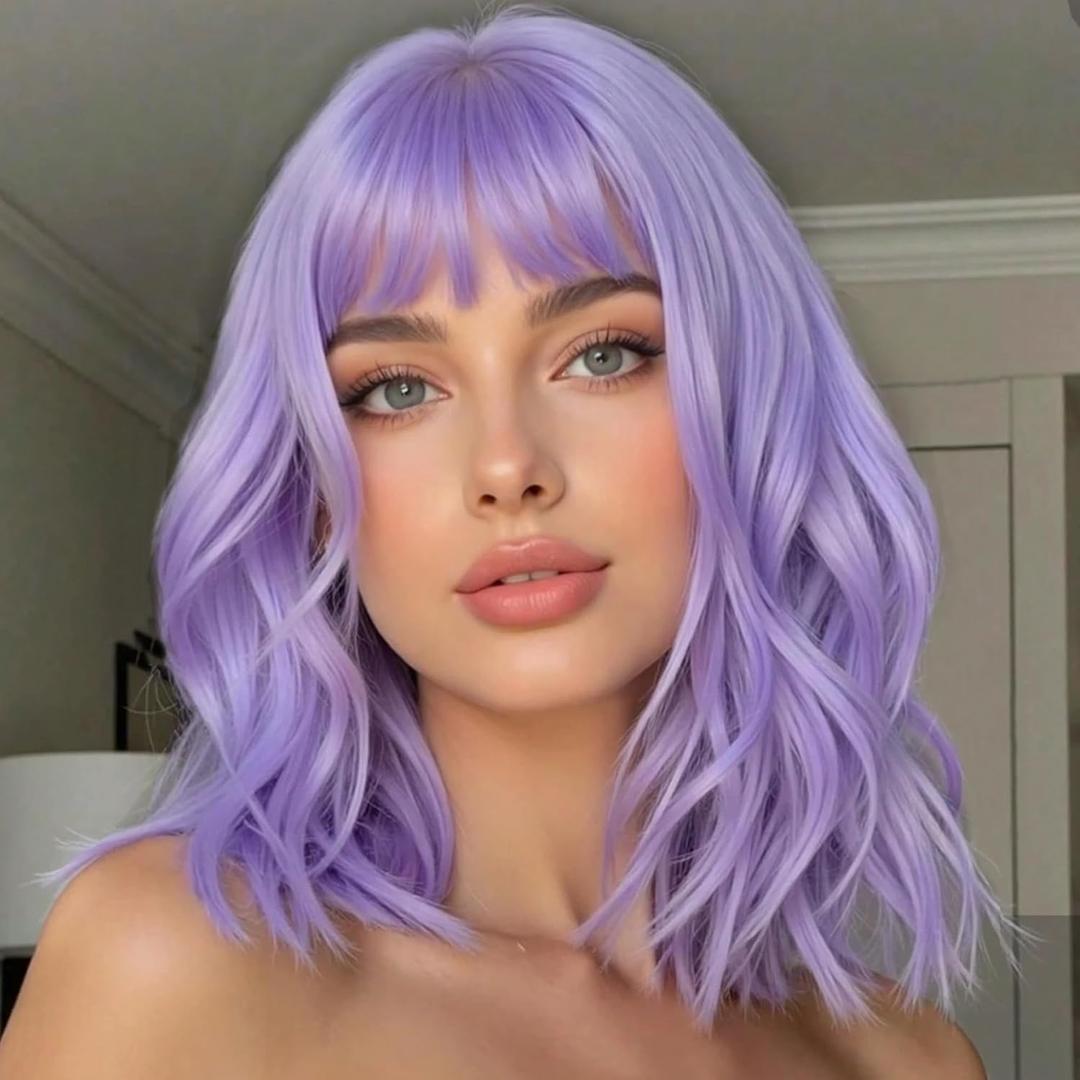 Lavender Purple Wig with Bangs Short Light Purple Wigs for Women Colorful Wavy Bob Wig Shoulder Length Women's Wigs Synthetic Heat Resistant Fiber Wigs for Cosplay Costume Party(14 Inches)