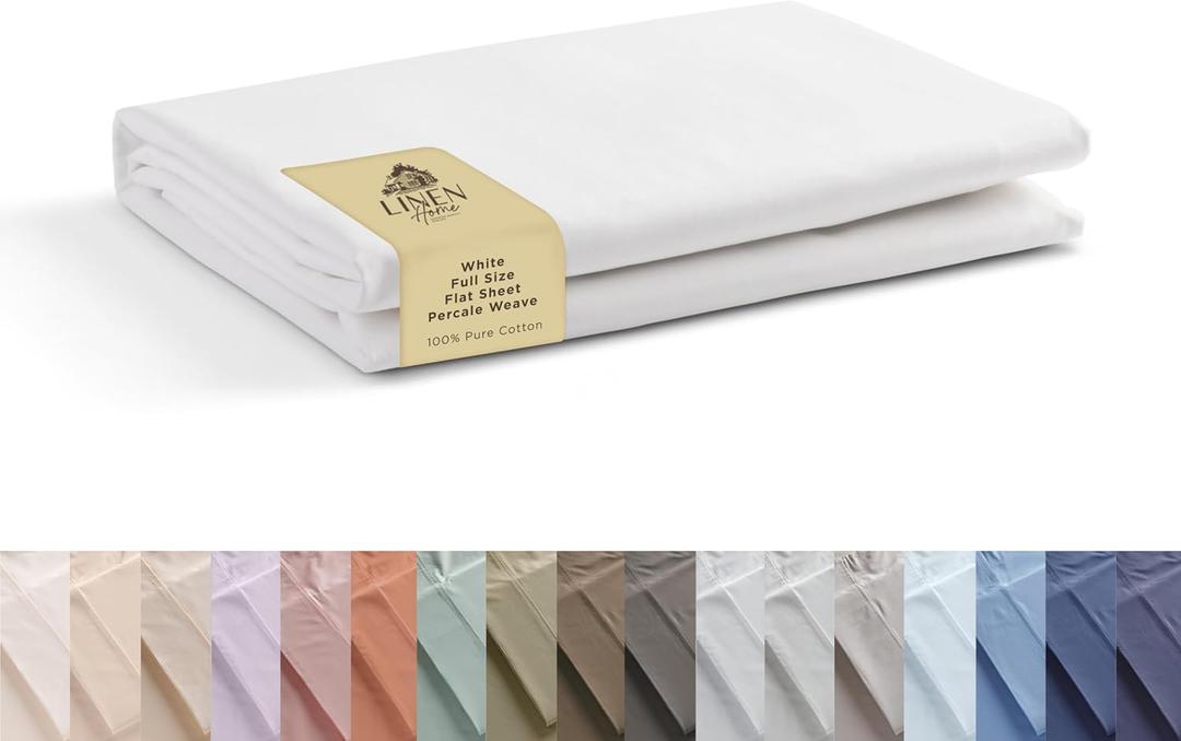 Linen Home 100% Cotton Percale 1 Flat Sheet, Full Size - Crisp, Cool and Strong Bed Linen, Luxury Breathable Sheet, White
