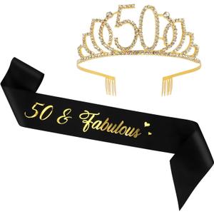 50th Birthday Sash and Crown for Women,50th Birthday Decorations,50 & Fabulous Birthday Gifts,Birthday 50th Woman Party Decorations