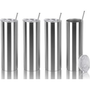 30 Oz Straight Skinny Tumbler Set, Stainless Steel Slim Skinny Travel Tumbler Bulk, Birthday Diy Gift For Women Friends Sisters, 4 Pack, Silver
