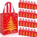 Threlaco 30 Pcs Christmas Gift Bags Bulk Reusable Non Woven Christmas Tree Red and Gold Goodie Treat Bags with Handles for Xmas Holiday Party Favors Gifts Wrapping, 10 x 8 x 4 Inch