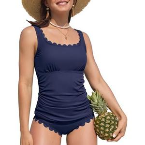 ANFILIA Womens Two Piece Ribbed Tankini Swimsuits Scalloped Tankini Tops with Bottoms Tummy Control Bathing Suits(XL)