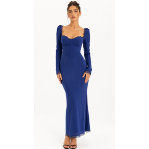 KUTUMAI Vintage  Corset Floral Maxi Long DressFormal Wedding Guest Dresses for Women Elegant, Blue, Small