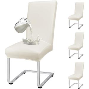 PU Leather Dining Chair Covers Removable 100% Waterproof Chair Covers for Dining Chairs Set of 4, Stretchy & Soft High Back Kitchen Chairs Cover Protectors (Cream)