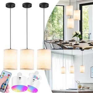 Battery Operated Pendant Light Remote Control,Wireless Hanging Lamp Non Hardwired,3 Pack Fabric Pendant Lighting For Kitchen Island,Battery Chandelier With Rechargable Light Bulbs 30hrs Battery Life