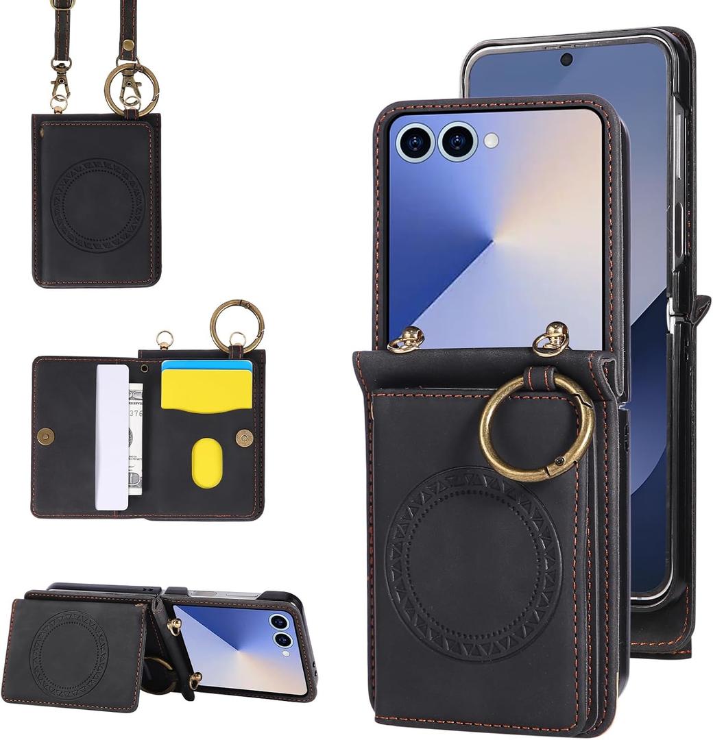 Asuwish Compatible with Samsung Galaxy Z Flip 7 5G Wallet Case and Crossbody Shoulder Strap Ring Buckle Stand Card Holder Magnetic Car Mount Phone Cover for ZFlip 7Z Z7 G Flip7 ZFlip7 Women Men Black
