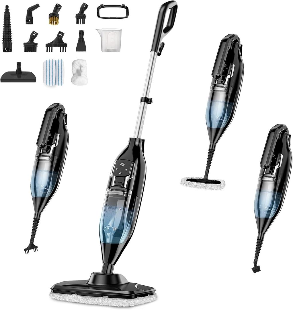 Steam Mop, 12-in-1 Powerful Handheld Steam Cleaner Detachable Steam Mops for Floor Cleaning, 565ML Removable Tank, 23FT Power Cable, MultiPurpose Steamer for Hardwood, Tile, Grout, Furniture (Black)