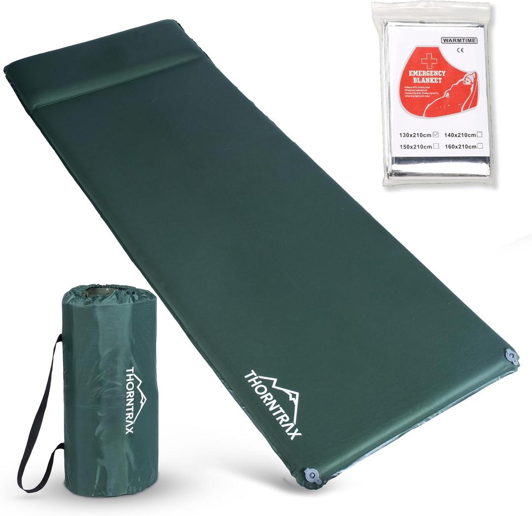 Throntrax Camping Sleeping Pad - Ultralight Camping Mat with Pillow Built-in - 3.1" Thick | Self-Inflating & Suitable for All Seasons - Compact Sleeping Pad for Camping - Green, Full