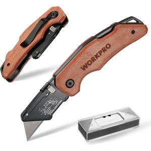WORKPRO Folding Utility Knife with Stainless Steel Head, Quick-change Blade & Back Lock, Wood Handle Heavy Duty Box Cutter, 1PC Razor Knife with Extra 10PC SK5 Blades