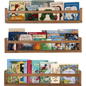AZSKY Nursery Shelves Light Walnut Floating Book Shelf Organizer for Baby Nursery Dcor Wall Book Shelves for Kids Room 24 Inch Wood Wall Ledge Shelves for Bathroom Kitchen Spice Rack a Set of 3