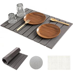 Large Stone Drying Mat for Kitchen Counter, 24"16", Foldable Super Absorbent Stone Dish Drying Mat for Tableware, Bottles and Cups, Non Slip Diatomaceous drying matt kitchen counter (Dark Gray)