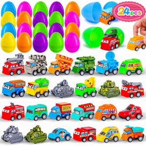 MGparty 24 Pack Prefilled Easter Eggs with Car Toys for Kids Toddlers Bulk Plastic Eggs Pull Back City Truck Vehicles Easter Goodie Bags Stuffers for Toddlers Boys Girls