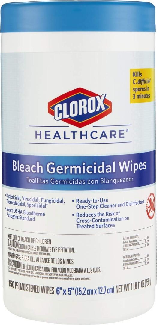 Clorox Healthcare Bleach Germicidal Wipes, 6" x 5", 150 Count Canister 