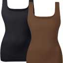 EUYZOU Women's Tummy Control Shapewear Tank Tops Seamless Square Neck Compression Tops Slimming Body Shaper Camisole (Large, Black/Coffee 2pk)