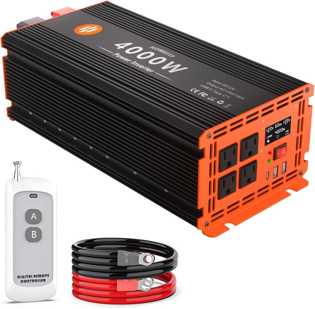 4000 Watt Power Inverter 12V DC to 110V/120V AC Converter Peak Power 8000W Car Inverter with LCD Display 4 AC Outlets, 2 USB & Type-C Port for RV,Truck,Off-Grid Solar System with Remote Controller