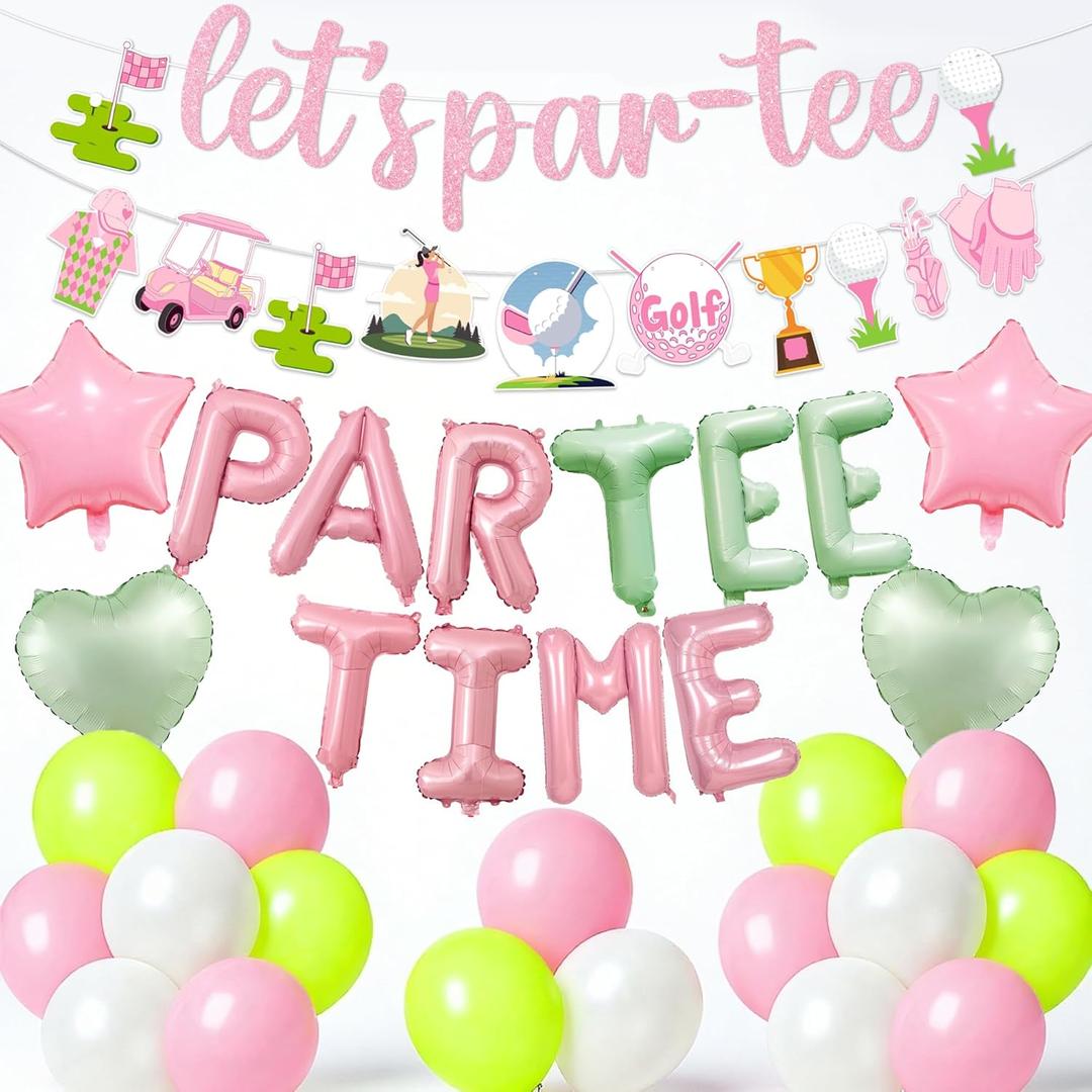 Golf Birthday Party Decorations Balloon - Pink Let's Par-Tee Golf Theme Decoration with Banner Garland Balloons, Sports Themed Party Supplies for Golfer Lover Birthday Retirement