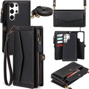 Compatible with Samsung Galaxy S26 Ultra Wallet Case for Women Men, Wireless Charging with RFID Blocking Card Holder, PU Leather Crossbody Strap Detachable Magnetic Phone Cover,Black