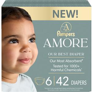 Pampers Amore, Size 6 (23-44 lbs), 42 Count, Our Best Diaper Hypoallergenic & Fragrance Free, Up to 100% Leakproof, Soft as Cashmere