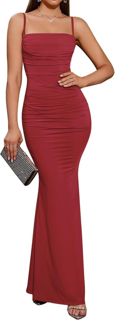 EYNMIN Women's Sleeveless Bodycon Corset Maxi Dress Spaghetti Strap Ruched Elegant Evening Wedding Guest Long Formal Dresses, Red, Large