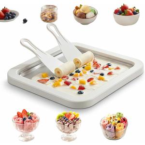 Rolled Ice Cream Maker Kit, DIY Ice Cream Roll Tray with 2 Scrapers, No Electricity Required, Stainless Steel Freezing Plate for Rolled Ice Cream, Frozen Yogurt, Sorbet (White)