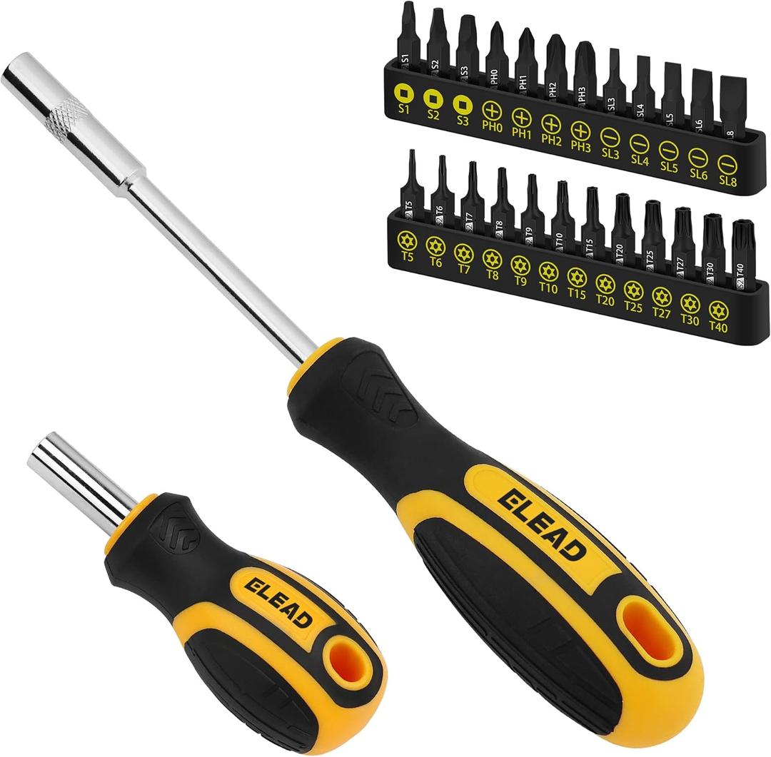 26-Piece Magnetic Screwdriver & Bit Set - Strong Magnetic Bit Holder and Screwdriver Bits, Durable & Versatile, Ergonomic Cushion Grip 95mm & 210mm Handles, Torx, Square, Phillips, Slotted Bits