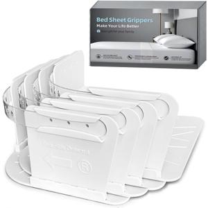 Bed Sheet Holders for Corners Keep Sheets Firm & Tight, Fitted Heavy Duty Mattress Sheet Corner Fasteners with Lock Straps, No More Loose Sheets & Easy Installation Set of 4 White