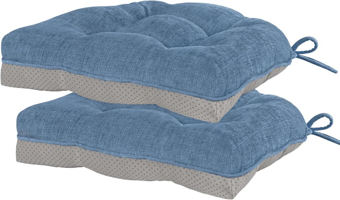 HARBOREST Chair Cushions for Dining Chairs Set of 2 - Chenille Tufted Kitchen Chair Cushions with Ties and Non-Slip Bottom, Foam Chair Pads for Dining Chairs, 17" x 17", Blue