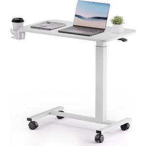 COMHOMA Adjustable Overbed Bedside Table with Lockable Wheels, Pneumatic Mobile Standing Laptop Desk, Small Standing Desk Portable Rolling Overbed Table Hospital Home Use(28" W x 16" D, White)
