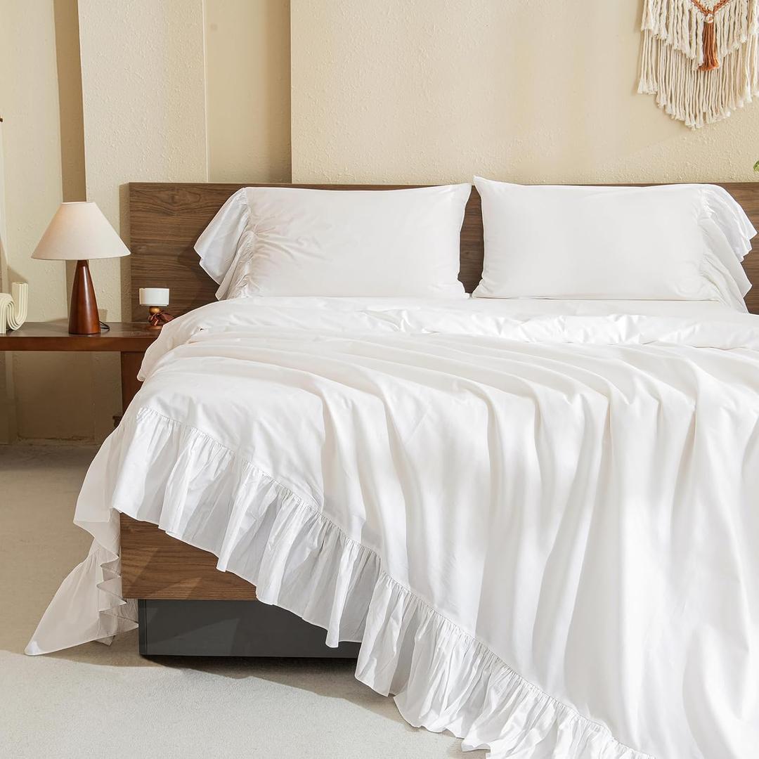 Queen's House White Ruffles Bed Sheet Set Cotton 4-Piece King Size-Style G