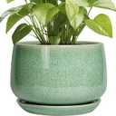 G EPGardening Ceramic Planter - 9 Inch Plant Pot with Drainage Hole and Saucer, Modern Round Planter, Flower Pot for Indoor Outdoor Plants, Garen House Room Decor, Housewarming Gifts, Green