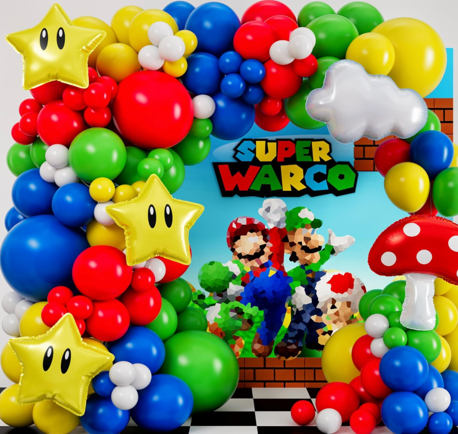 ALLIN1 Super Adventure Balloon Arch Kit with BONUS Mushroom, Cloud & Star Balloons for Bros Party Decorations  Red Blue Green Yellow Balloons for Video Game Birthday Decoration & Party Supplies