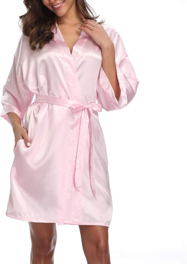 Women's Pure Color Satin Kimono Robe Short Bridesmaids Robe Dressing Gown L