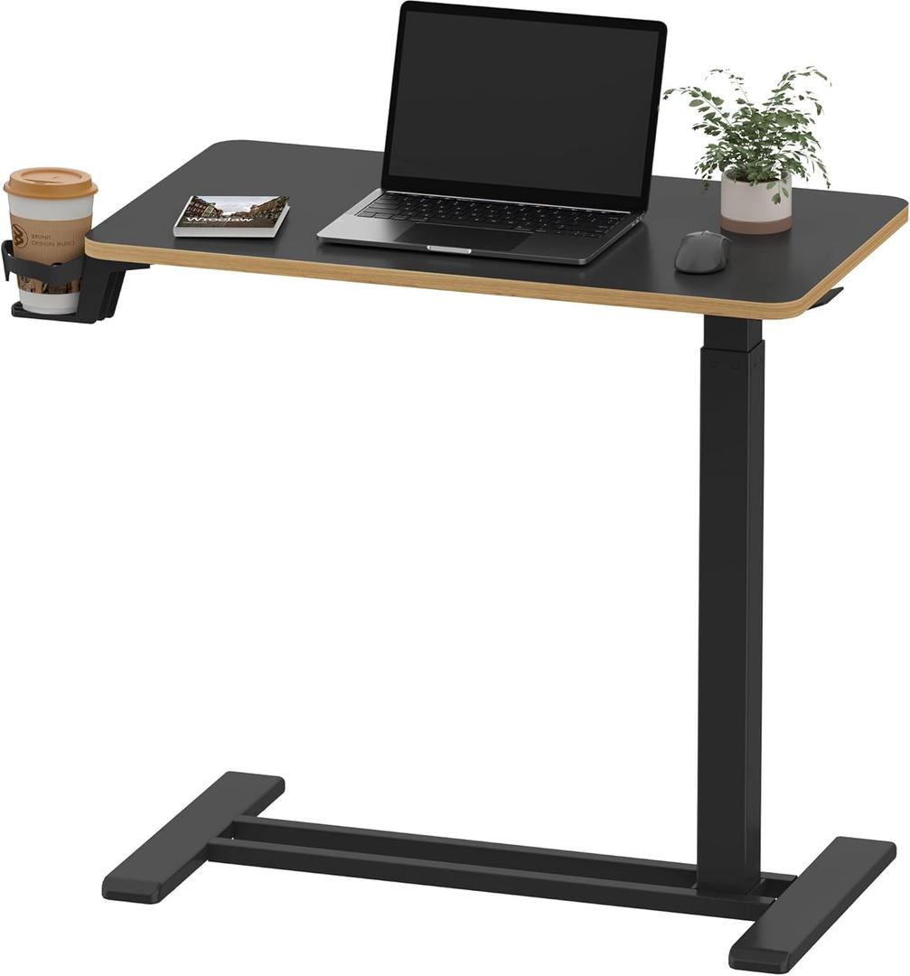 SANODESK Medical Adjustable Overbed Bedside Table with Hidden Casters, Pneumatic Mobile Laptop Computer Standing Desk Cart with Tray, Hospital and Home Use(27.6" W x 15.7" D, Black) (Small)