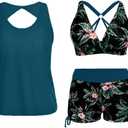 Yonique 3 Piece Tankini Swimsuits for Women Swim Tank Top Bathing Suits with Boy Shorts and Bra Athletic Swimwear (Blue), Large