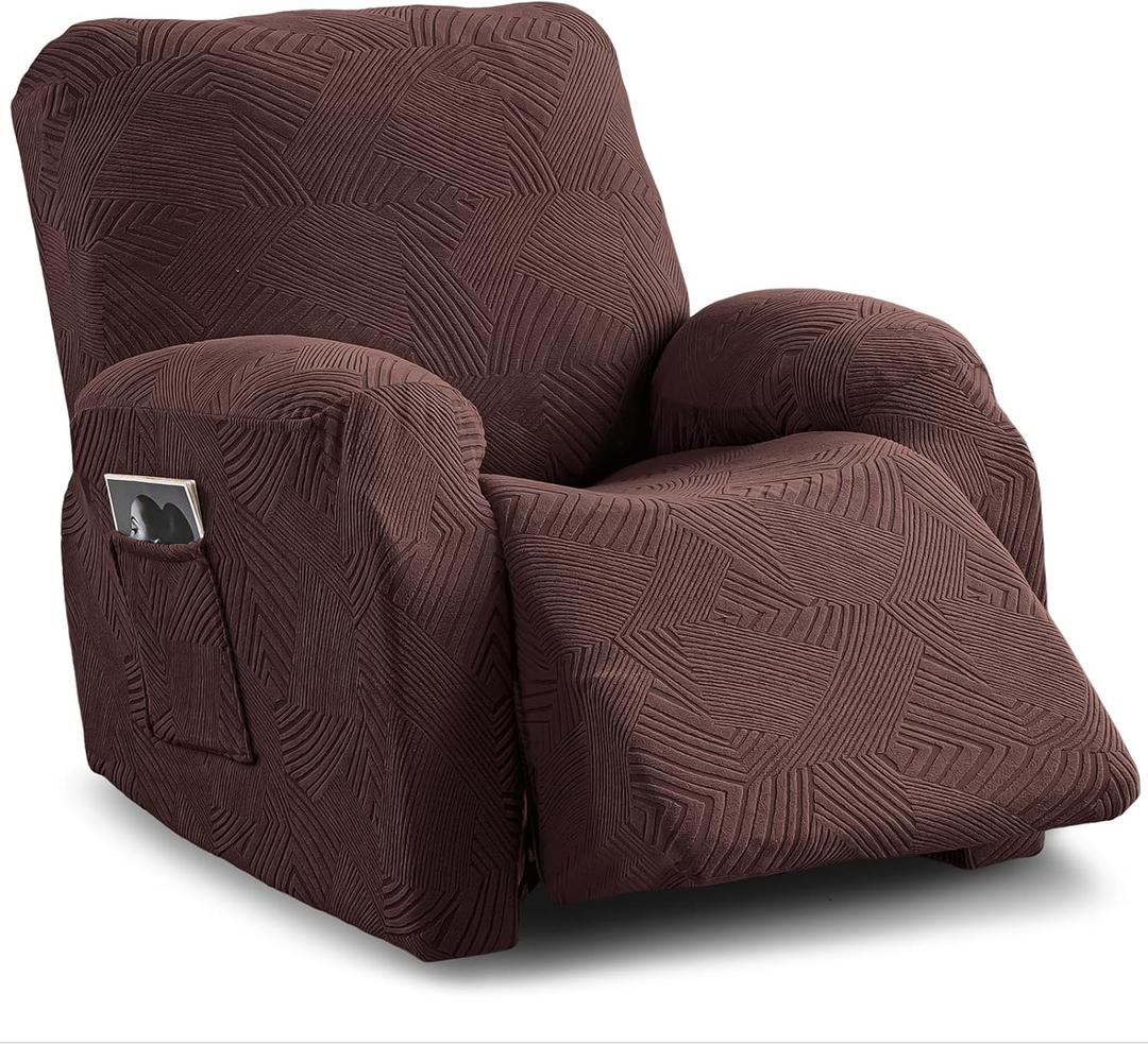 Recliner Chair Covers,4-Piece Stretch Geometric Strokes Jacquard Reclining Chair Slipcovers,Furniture Protector with Side Pocket,Soft Breathable Couch Cover Pet-Friendly,1 Seater Chocolate