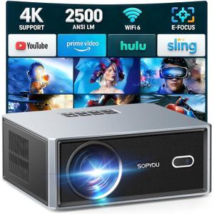 [Short Throw/2500 ANSI/E-Focus] SOPYOU 4K Decoding Projector with WiFi and Bluetooth, Outdoor Movie Projectors, Max 450" Display Home Theater, Portable Smart Proyector for iOS/Android/TV Stick/PS5