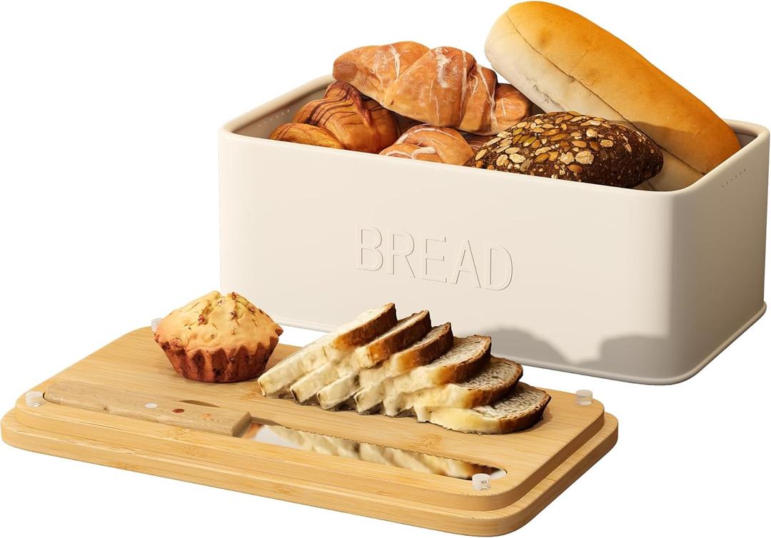 FILWH Metal Bread Box with Bamboo Cutting Board Lid, Bread Box with Bread Knife for Kitchen Countertop Countertop Storage for Homemade Bread, Bagels & Muffins (White, M)