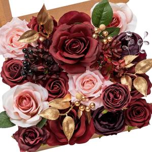 Serwalin Burgundy Artificial Flowers Silk Flower for DIY Wedding Decoration Fake Pink Rose with Gold Leaf for Bridal Bouquet Table Centerpieces Party Baby Shower (1 Box)