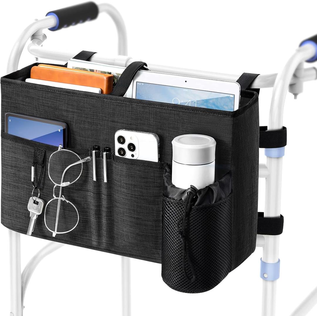 Rhino Valley Walker Bag, Multi Pockets Folding Walker Basket Tote Bag with Cup Holder, Hand-free Carry Pouch Storage Bag for Universal Walkers, Large Capacity Organizer for Seniors Elderly, Black