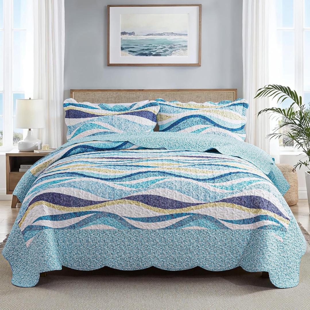 HoneiLife California King Quilt 120x120 - Beach Quilt 3 Pieces, Coastal Quilt Sets, Oversized King Bedspreads, Nautical Bedspreads Ocean Coverlets, Lightweight Bed Cover, Summer Quilts (Flowing Sands-yellow)