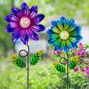 Metal Flowers for Outside, 2 Pack 25'' Flower Decorative Garden Stakes for Spring Yard Decor, Flower Yard Art for Porch Fence Landscape Pot Patio Decor (Purple & Blue)